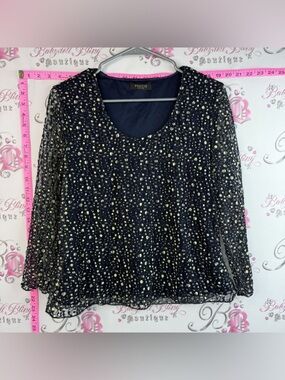 Précis Petite - Navy Blue Sheer Long-Sleeve White/Cream Dot-Accent Blouse